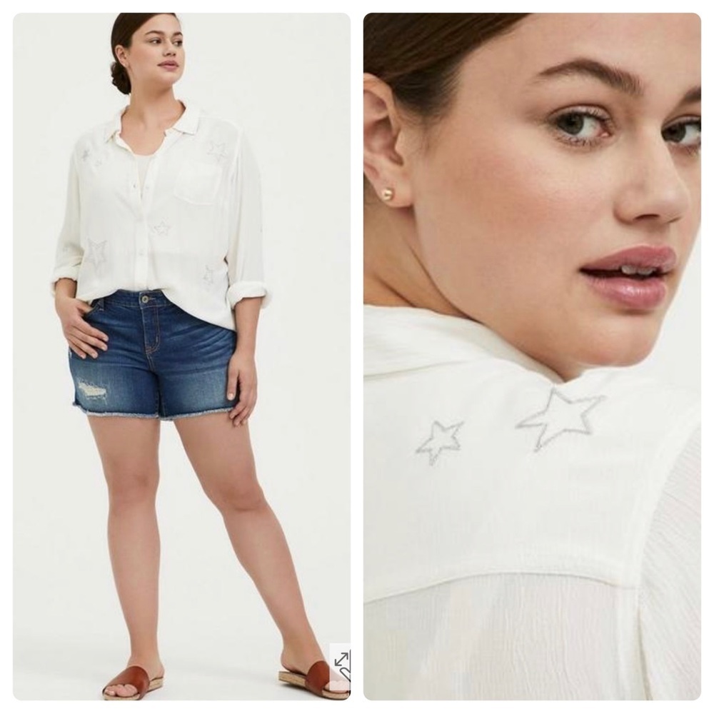 Torrid White Button Down Shirt with Star Embroidery